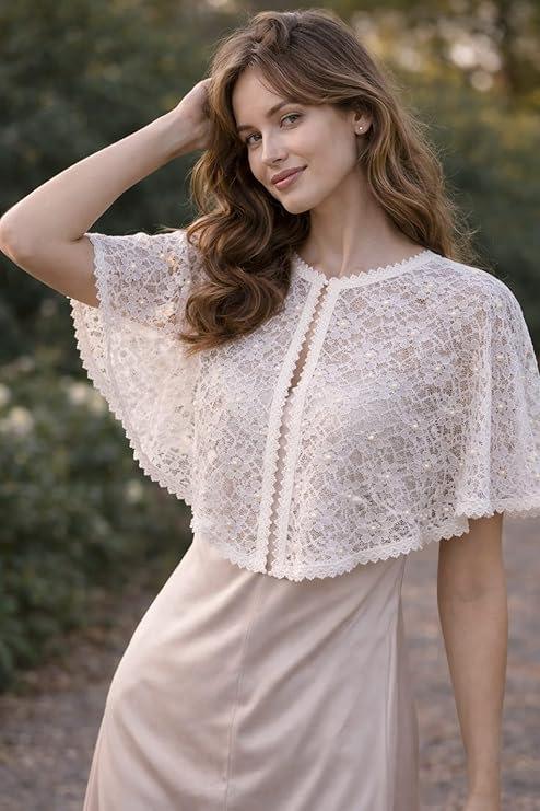 Women White Lace Poncho with Pearl Work | Front Open Net Cape | Party & Shrug - Image 1