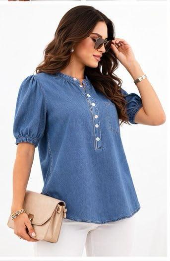 Women's Denim Shirt, Blue, Puff Sleeve, Breeze Top Button Front, Casual Top - Image 1