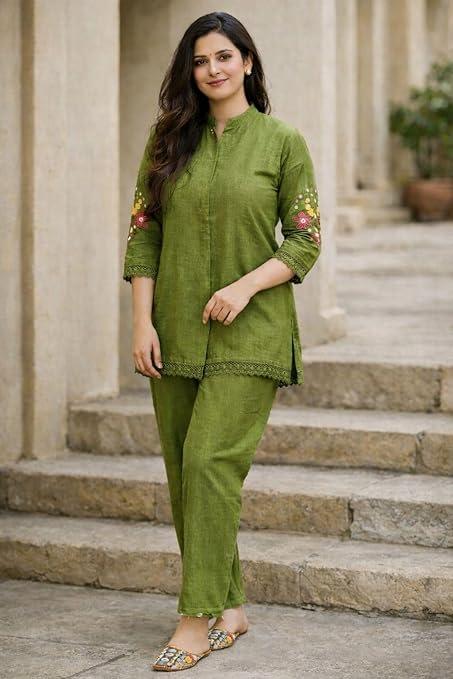 Women's Pure Cotton Co-Ord Set, Green Kurta with Pant, Floral Embroidered 3/4 Sleeve, Stylish Pocket Design