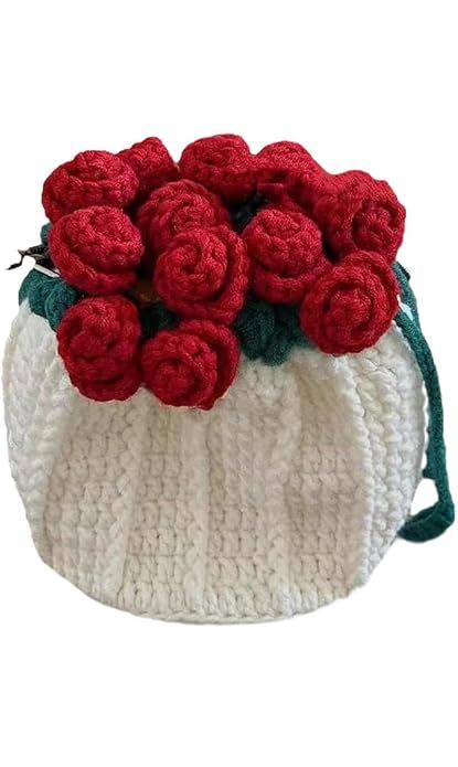 RHC Handmade Crochet Bucket Bag with 3D Red Rose Floral Embellishment, White, Medium, Women's Crossbody Handbag 18×18 - Image 1