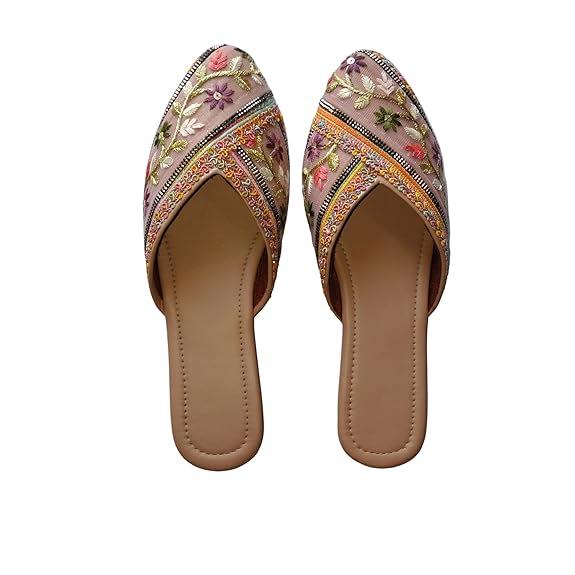 Women's Embroidered Floral Juttis | Ethnic Jutti Flats | Handcrafted Flat Slip-On Mules with Beaded Embellishments - Image 1