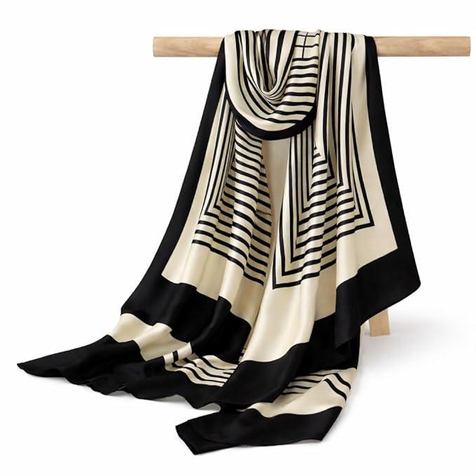Women’s Polyester Striped Scarf – Soft Lightweight Long Stole | Elegant Black and White Striped Print Neck Wrap | Stylish Fashion Scarf for Women Casual Office Wear - Image 1