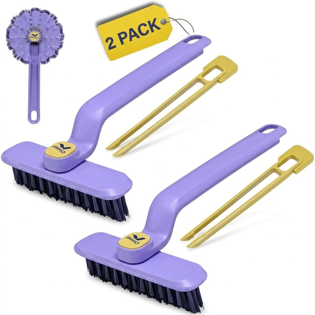 Multi-Function Bathroom Cleaning Brush with Built-in Hair Clip Tongs (Pack of 2) | Hard Bristle V-Shaped Tile & Grout Scrubber for Floor, Kitchen Sink, Window Track & Drain Cleaning - Image 1