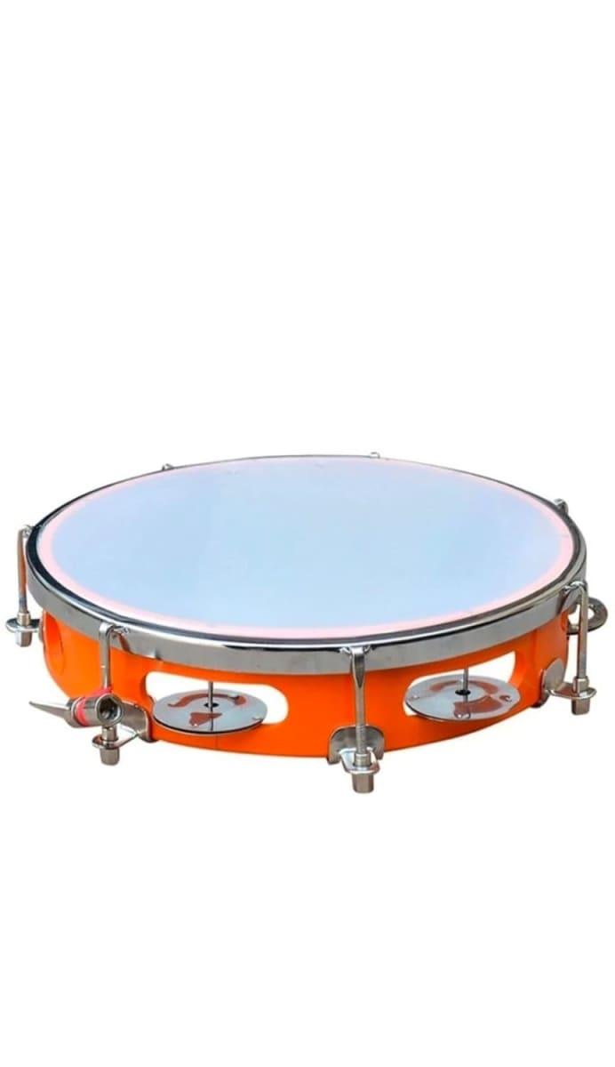 MUSIC WORLD Tambourine Hand Percussion Musical Instrument Fibre Daffli Plastic Frame, Round Shape, 16 Jingles, With Tuning Key (Orange), 25 cm - Image 1
