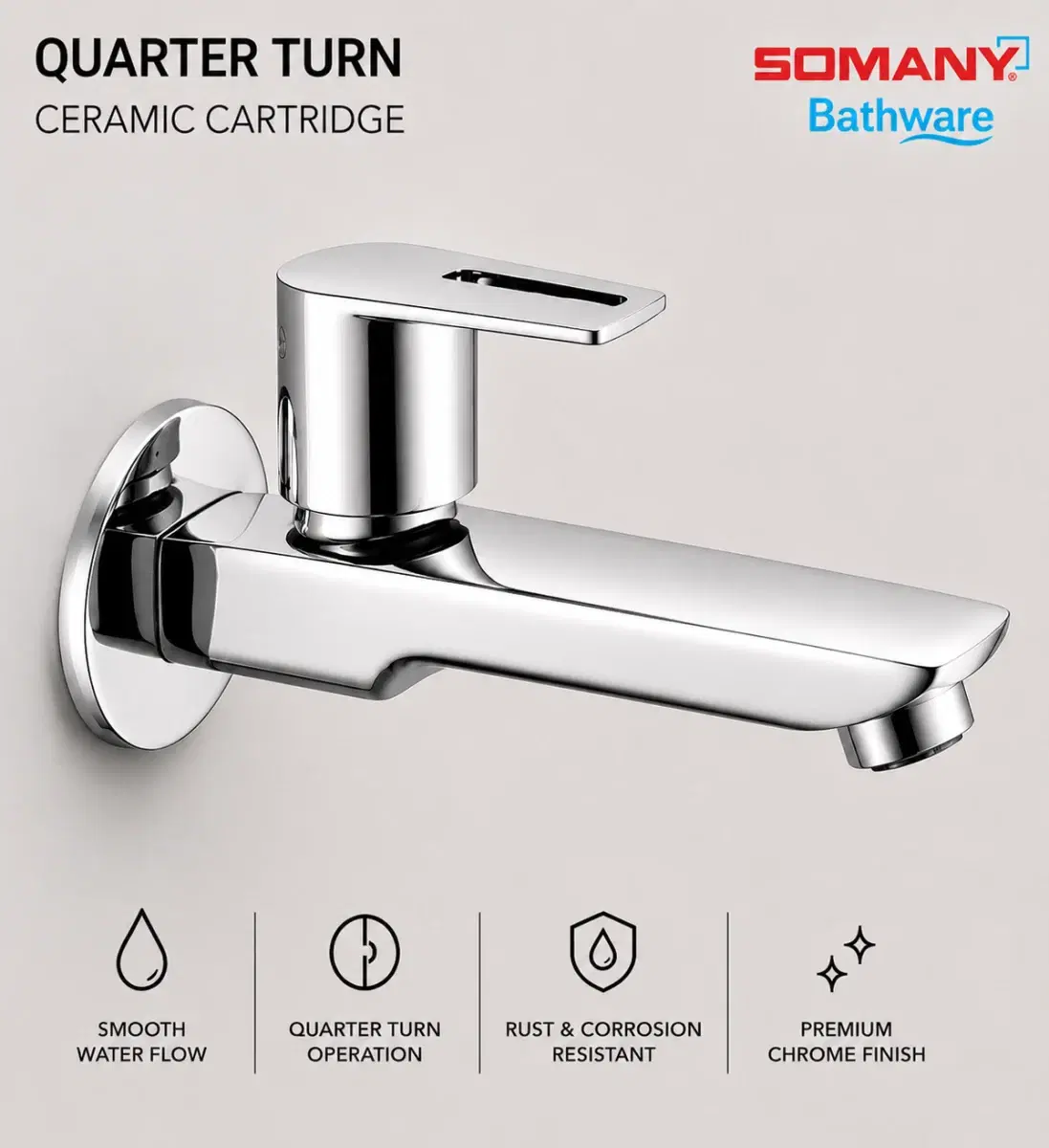 SOMANY JUPITER Extended Nose Bib Tap with Wall Flange |Brass | Bathroom Tap | Taps | Silver - Image 1