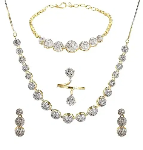 Jewellery Set for Women American Diamond Combo of Choker Necklace Set with Earrings, Bracelet and Ring for Girls and Women - Image 1