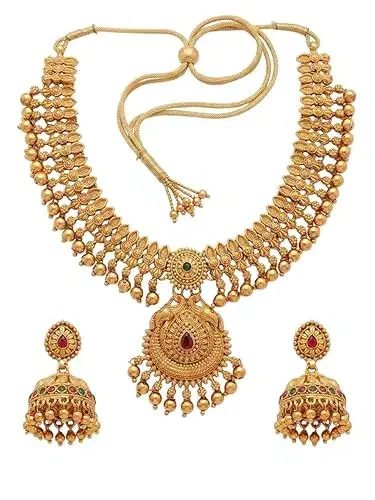 Gold-Plated Antique Temple Jewellery Set for Women - Traditional Necklace with Large Peacock Pendant & Matching Jhumka Earrings | Ethnic Festive & Bridal Wear Set with Ruby & Emerald Accents - Image 1