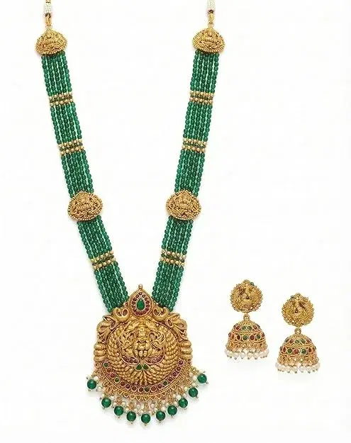 Traditional Temple Jewellery Set for Women | Antique Gold Plated Long Necklace with Goddess Lakshmi Pendant & Matching Earrings | Multi-Strand Green Beaded Bridal Ethnic Set | South Indian Jewellery | Laxmi Jewellery - Image 1