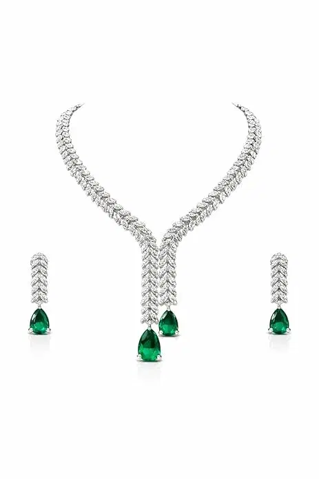 Luxury Necklace and Earrings Set for Women – Silver Plated Diamond-Style Bridal Jewellry Set – Elegant Wedding, statement necklace set, occasional Jewellery for girls, American Diamond Artificial Jewellery - Image 1