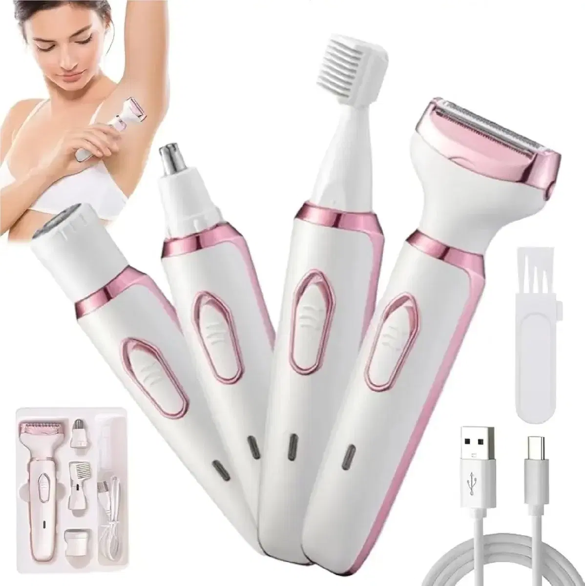 Best Selling 4-in-1 Multi Trimmer for Women Shaver Electric Facial Razor, Rechargeable Cordless Multipurpose Hair Remover Shaver Face, Leg, Eyebrow, Underarms, Bikini Trimmer, 60 minutes Runtime, White - Image 1