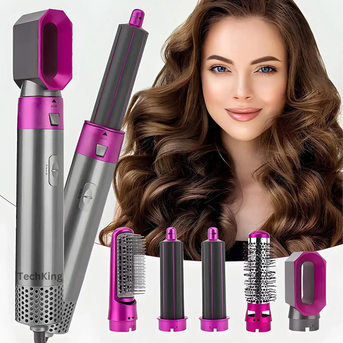 5 In 1 Hair Dryer Air Brush Styler And Volumizer Hair Straightener Curler Comb 5-In-1 Hot Air Brush (Pink, Large) - Image 1