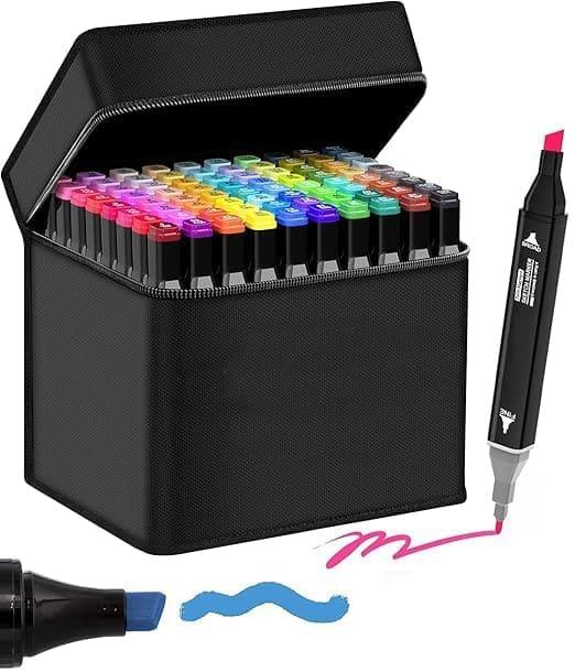 DUAL TIP ART MARKERS 48 COLOURS WITH CARRYING CASE FOR PAINTING SKETCHING CALLIGRAPHY DRAWING ODORLESS&NON TOXIC TWIN HEAD PERMANENT COLOURING MARKERS FOR KIDS ADULT BEGINNERS|ASSORTED