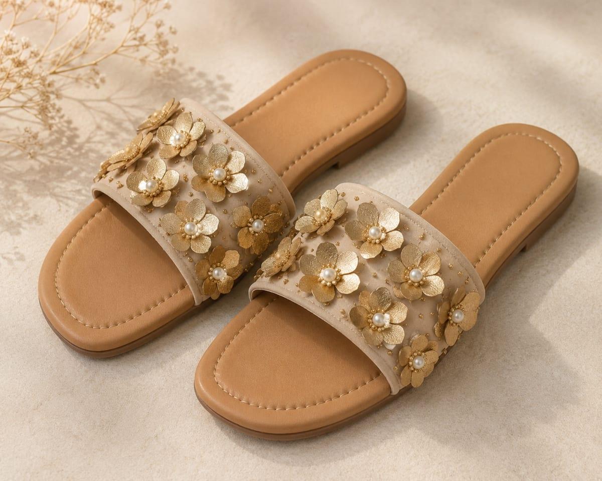 LOFSTER Women's Beige Floral Embellished Flat Slide Sandals with Pearl Detailing | Comfortable Casual Slip-On Slippers - Image 1