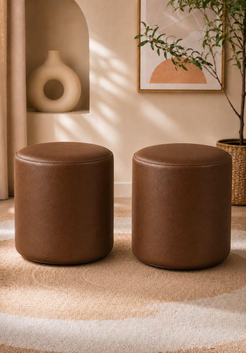 Lofster Premium Round Faux Leather Ottoman Stool (Set Of 2) | Modern Multipurpose Pouffe for Living Room,Bedroom & Dressing Area - Image 1