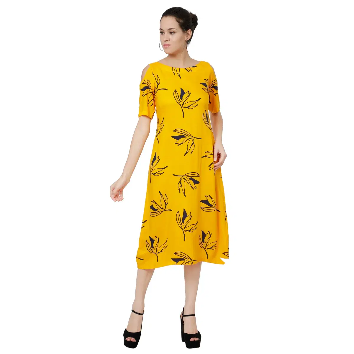 RAANO Women’s Viscose Rayon Printed A-Line Midi Dress with Cold-Shoulder Half Sleeves - Image 1