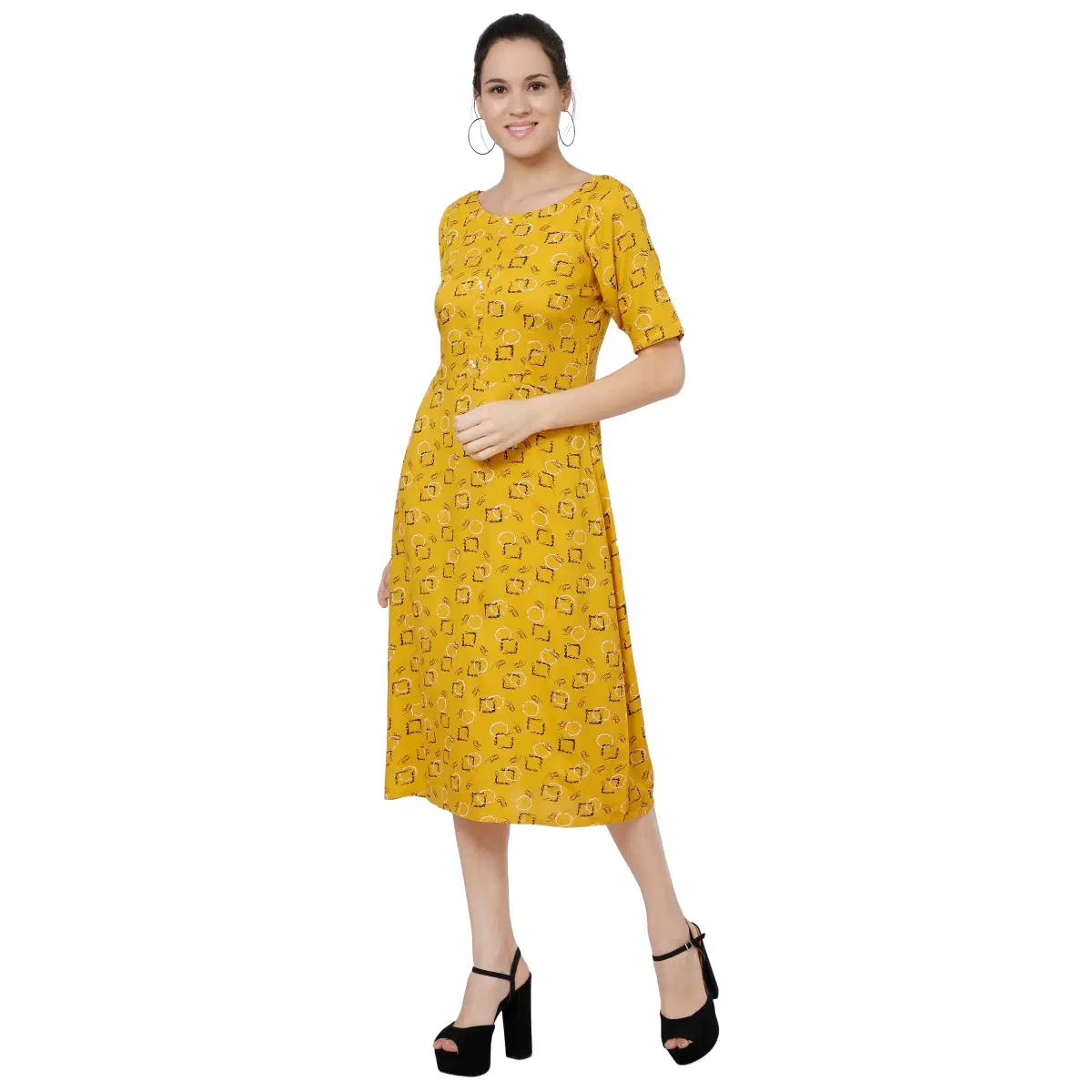 RAANO Women’s Yellow Geometric Printed Viscose Rayon A-Line Midi Dress with Half Sleeves - Image 1
