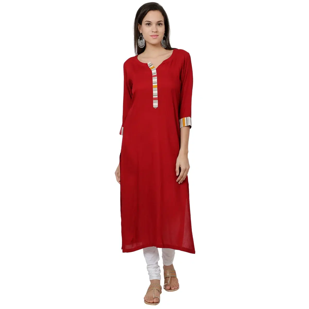 RAANO Women’s Maroon Solid Viscose Rayon Calf-Length Straight Kaftan Dress with 3/4 Sleeves - Image 1