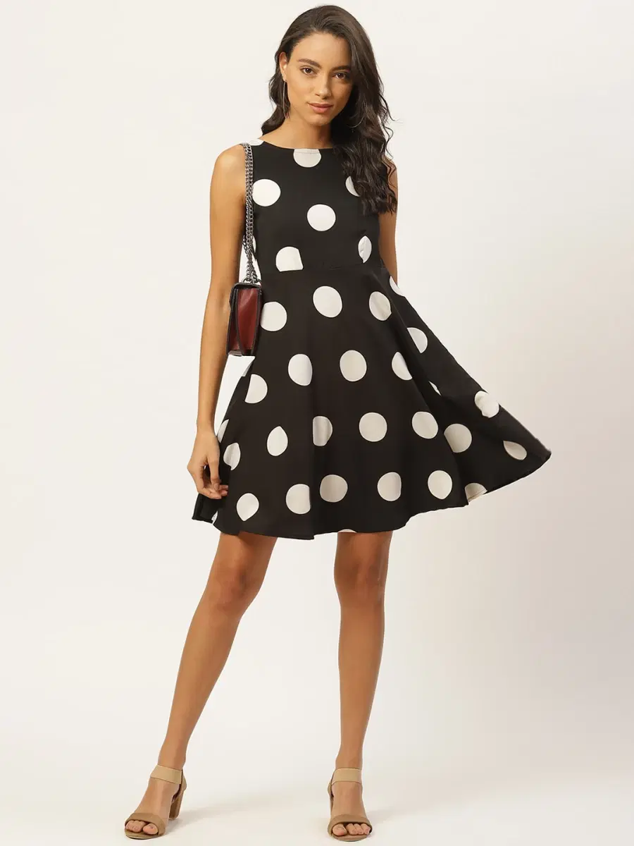 RAANO Women’s Black & White Polka Dot Crepe Knee-Length Fit and Flare Dress - Image 1