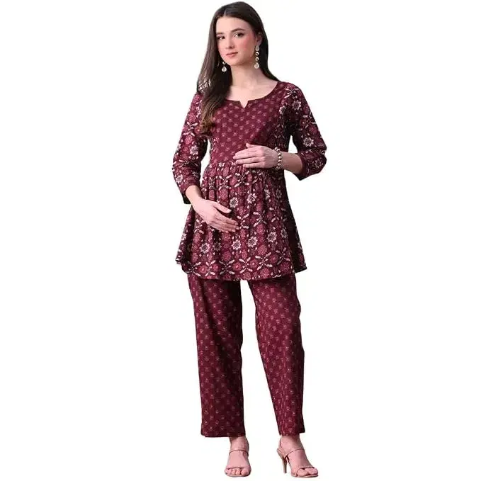 Maternity Co-Ord Set for Women | Cotton Kurti Pant Set | Nursing Zipper Feeding Friendly | Floral Kurta Palazzo Set