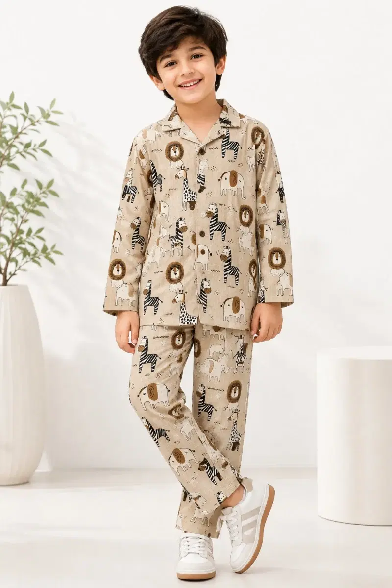 Kids Boys Full Sleeve Collared Pure Cotton Night Suit - Image 1